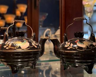 Pair of Vintage Black Ceramic Teapots with Rooster Motif
