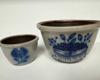 Salmon Falls Stoneware Crocks with Blue Floral Motifs