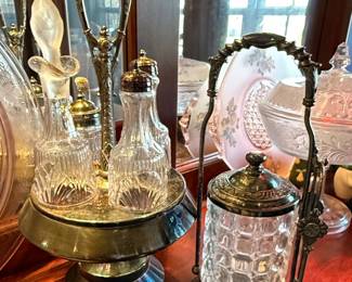 Victorian Silver-Plated Pickle Castor Set with Crystal Cruets and Sugar Caddy