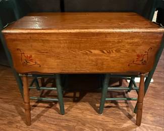 Antique Oak Drop Leaf Table with Hand-Painted Floral Accents and 2 Green Ladder Back Chairs
