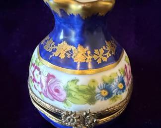 Limoges France Porcelain Pill Box with Miniature Perfume Bottle
