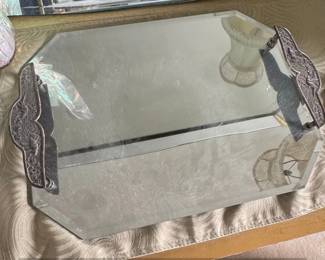 Art Deco Octagonal Mirrored Tray with Bird and Foliage Handles