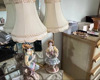 Pair of Vintage Capodimonte Porcelain Figurine Lamps