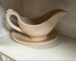 Vintage Speckled Ceramic Gravy Boat with Underplate, possibly by Dominion Kitchenware