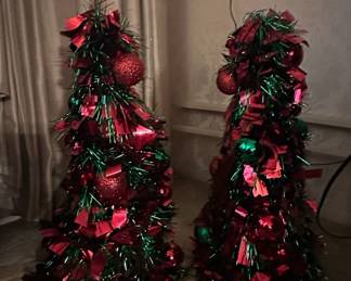 Set of Two Red and Green Tinsel Tabletop Christmas Trees with Ornaments