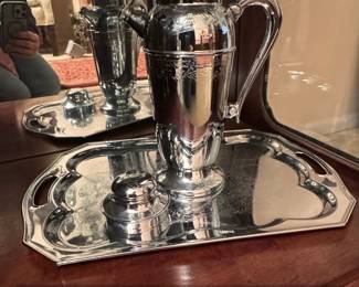 Silver Plated Cocktail Shaker and Tray Set with Grape and Vine Etching