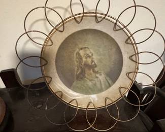 Vintage Sacred Heart of Jesus Portrait with Wire Frame