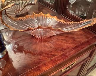 Vintage Art Glass Decorative Bowl with Gold Tone Metal Trim, possibly Bayel or Baccarat style