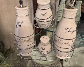 DLusso Designs Piece Ceramic Oil and Vinegar Set with Salt and Pepper Shakers in Metal Caddy