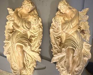Pair of Cherub Wall Plaques with Grapes and Floral Accents