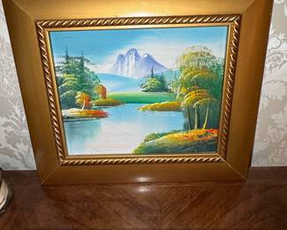 Framed Bob Ross Style Landscape Oil Painting