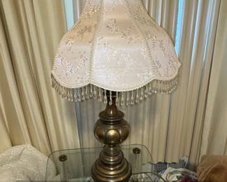 Vintage Brass Table Lamp with Beaded Chandelier Shade and Floral Pattern