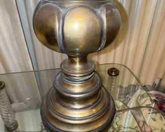 Vintage Brass Table Lamp with Beaded Chandelier Shade and Floral Pattern third image