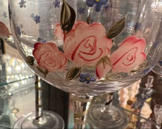 Vintage HandPainted Floral Wine Glasses with Gold Spiral Stems second image