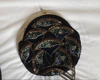 Art Deco Beaded Fan Motif Evening Clutch with Chain Strap