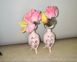 Pair of Pink Ceramic Vases with Gold Gilt Trim and Pine Branch Motif
