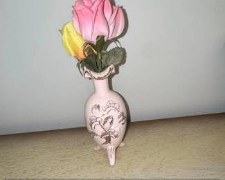 Pink Ceramic Vase with Floral Design and Gold Trim