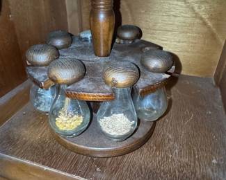 Vintage Wooden Spice Rack with Glass Jars