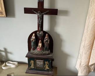 Religious Diorama with Crucifix and Stations of the Cross Lithograph