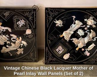 Vintage Chinese Black Lacquer Mother of Pearl Inlay Wall Panels Set of 2