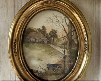 Vintage Oval Framed Landscape Painting of a Thatched Cottage by Homco