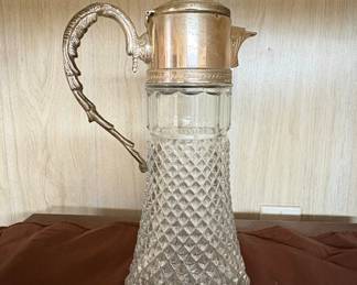 Vintage Crystal Claret Jug with SilverTone Metal Handle and Lid