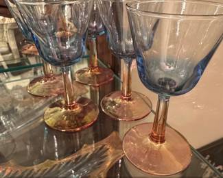 Set of Vintage Blue Bowl Wine Glasses with Amber or Pink Tinted Bases and Stems