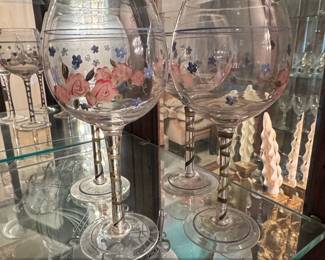 Vintage HandPainted Floral Wine Glasses with Gold Spiral Stems