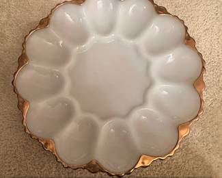 Vintage Anchor Hocking FireKing Milk Glass Deviled Egg Plate with Gold Trim
