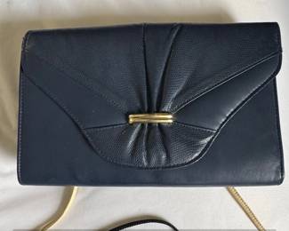 Vintage Navy Blue Pleated Faux Leather Clutch Evening Bag with GoldTone Bar Clasp