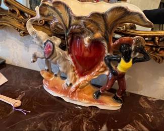 Figural Ceramic Vase with Elephants and Man