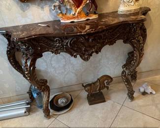 Ornate Giltwood Console Table with Marble Top and Matching Mirror