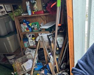 Assorted Shed Contents  Garden Tools, Storage Bins, Grill