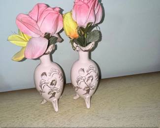 Pair of Pink Ceramic Vases with Gold Trim and Faux Roses