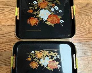 Vintage Toyo Japan Floral Lacquerware Serving Trays Set of 2