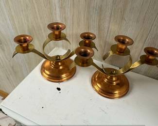 MidCentury Modern Brass and Copper Candlestick Holders Set of 2