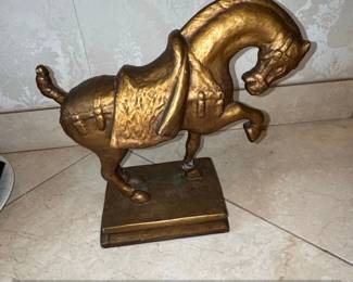 Vintage Gold Tone Metal Horse Statue on Rectangular Base