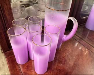 Vintage Blendo Purple Ombre Frosted Glass Pitcher and Tumbler Set with Gold Rims