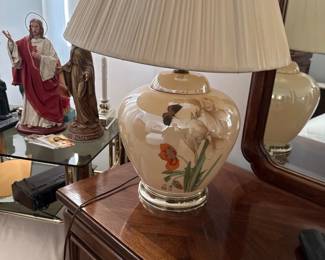 Vintage HandPainted Porcelain Ginger Jar Lamp with Iris and Butterfly Motif