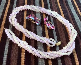 4 Strand Twisted Rose Quartz 14kt Necklace  Glass Rhinestone ClipOn Earrings 