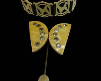 Art Deco Celluloid Elastic Bracelet,  A Celluloid Floral Paste Stones Stick Pin 