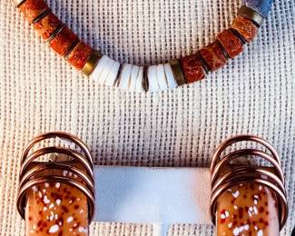 Vintage Coral  Shell Heishi Beaded Necklace  Matisse Enamel ClipOns