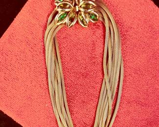 Vintage Gold Tone Multi Strand Green Floral Rhinestone Choker