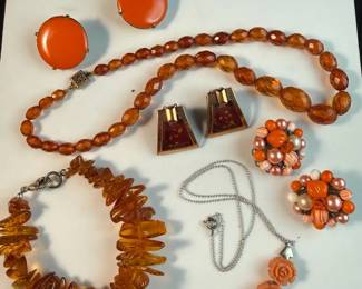Amber Beads, Celluloid  Brass Enameled Jewelry