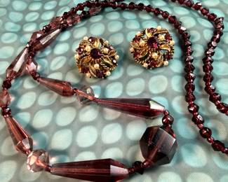 Glass Faceted Amethyst Beaded Necklace  Vintage ClipOns Earrings