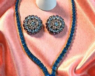 Blue Sapphire Crystal Rhinestone Choker, Cluster ClipOns  Accent Ring 