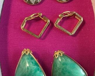 Damascene, Square Gold Tone,  Marble Green ClipOn Earrings