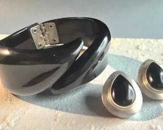 Sterling  Onyx Pierced Earrings  Black Clapper Cuff 