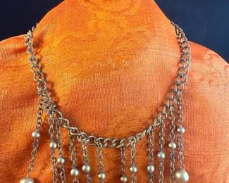 Vintage Brass Chain Choker  Filigree  Green Cabochon Screwback Earrings