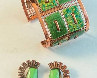 Vintage Matisse Renoir Copper  Green Marbled Enamel Cuff 